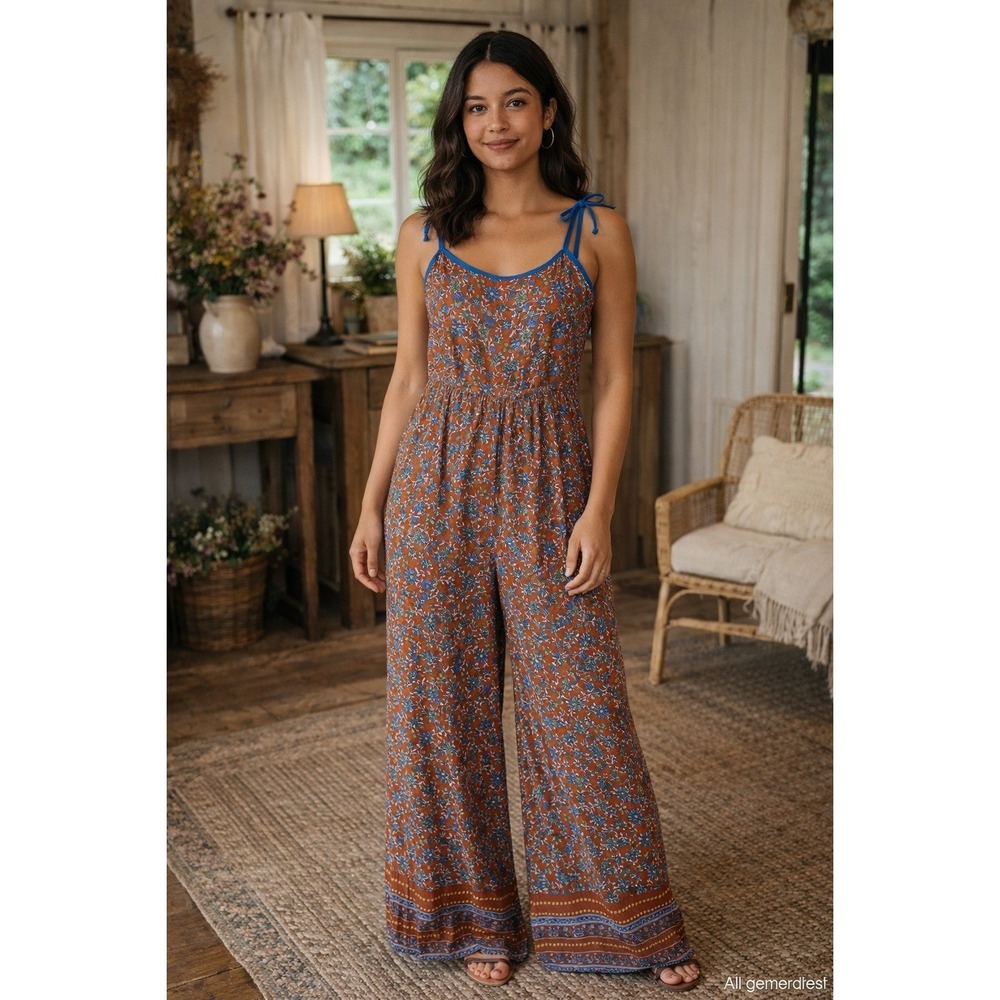 Womens Wide Leg Jumpsuit Size S Orange Blue Floral Smocked Boho Cottage Summer
